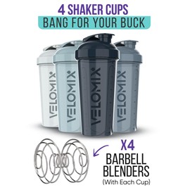 VELOMIX -4 PACK- 28 oz Shaker Cups for Protein Shakes - 4x Wire Whisk | Leak Proof Protein Shaker Bottles for Protein Mixes | Protein Shaker Bottle Pack | Mixer for Protein Shakes
