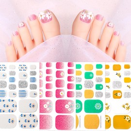 NEWSPIED 8Sheets Floral Gel Toe Nail Stickers Flower Nail Polish Strips Self-Adhesive Glitter Designs Decals Small Daisy Toenail Stickers Full Gel Nail Wraps Toe Nail Strips for Women DIY Manicure