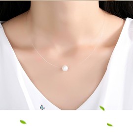 vissen Women's Crystal Necklace 925 Silver Zirconia Nylon Thread Necklace Pendant Delicate Jewellery Gift, Silver, Pearl