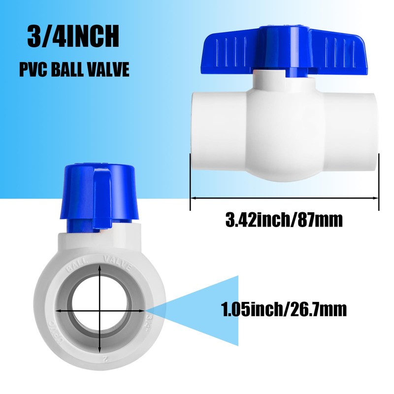 8PCS 3/4" PVC Ball Valve, Shut-Off Ball Valve Socket with