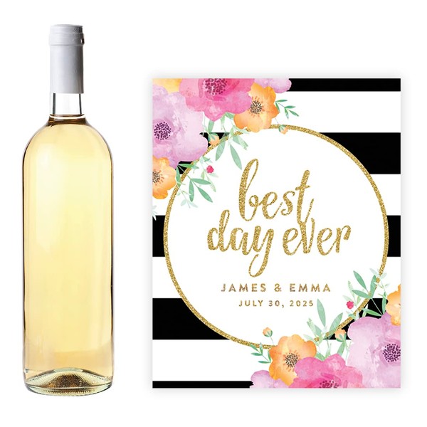 Andaz Press Floral Gold Glitter Print Wedding Collection, Personalized Wine Bottle Label Stickers, 20-Pack, Bespoke Custom Name