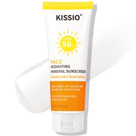 KISSIO Hydrating Mineral Sunscreen,Sunscreen with Zinc Oxide,Titanium Dioxide and Ceramides for Face and Body,Broad Spectrum Sunscreen SPF 50+,Lightweight,Non-greasy,Water Resistant,2.5 FL OZ