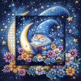 PICKFORU Gnome Puzzle for Adults 1000 Pieces, Cute Gnome Book Flower Jigsaw Puzzle，Night Sky Moon Star Floral Puzzle Challenge for Adults Art