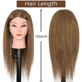 Mannequin Head with 100% Real Human Hair, Beauty Star 18" Brown Hair Art Manikin Cosmetology Head, Doll Manican Head to Practice Hair Styles, Hairdressing Training Braiding Head with Table Clamp Stand