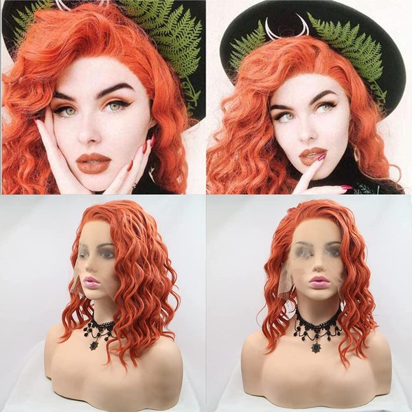 Xiweiya Short Curly Hair Orange Red 14 Inch Bob Wavy Synthetic Lace Front Wig Side Part Heat Resistant Fiber Bob Soft Hair for Women Girls Cosplay Party