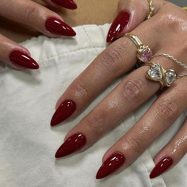 Glossy Wine Red Press on Nails Almond,KXAMELIE Glue on Nails