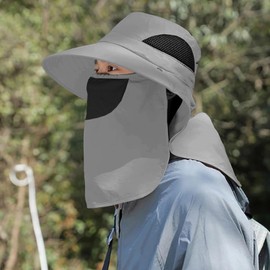 NLAND Sun Hat with Removable Neck Flap Outdoor Sun Protection Mask Hat UV Protection Summer Unisex Fishing Hat Travel Foldable Bucket Hat, lightgrey, Unit size
