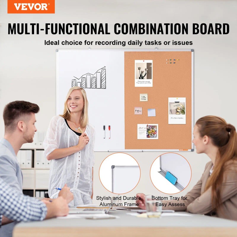 Whiteboard Corkboard Combo 48x36 Aluminum Frame Magnetic For Home School