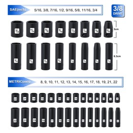 Mayouko 3/8” Drive Impact Socket Set, 50-Piece Standard SAE(5/16”-3/4”) and Metric Size(8-22mm), Deep & Shallow, 6 Point, CR-V, 72-Tooth Ratchet Wrench Handle, Extension Bars, Universal Joint