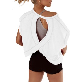 Fhniepan Open Back Tops for Women Oversized Short Sleeve Workout T Shirts Backless Y2k Athletic Crop Running Tees(White,L)