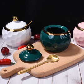 BOSILI Ceramic Sugar Bowl, Golf Shaped, Ceramic Sugar Bowl with Lid and Golden Spoon for Home and Kitchen (Jasper)