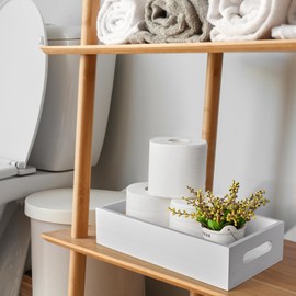 ALELION White Bathroom Basket - Wooden Toilet Tank Paper Basket with Handle for Organizing - Back of Toilet Storage Organizer for Bathroom Tank Topper Counter - White Bathroom Decor Box