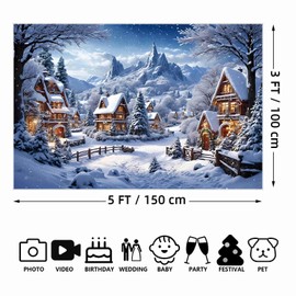 MOONDECO 5x3FT 2025 Christmas Village Backdrop for Photography Snow Winter Home Decoration Natural Tree Mountain Photo Studio Background Children Home Party Photoshoot Photozone Back Drop Supplies