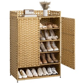 UNITSTAGE Rattan Shoe Cabinet,6-Tier 39.8" Tall Shoe Storage Cabinet with Adjustable Shelves,20 Pairs Storage Cabinet with Doors for Entryway, Hallway, Living Room, Closet, Rustic Oak