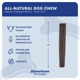 Downtown Pet Supply 5 Pack Beef Collagen Sticks for Dogs, 6" Natural - Rawhide Free Dog Chews Long Lasting and Odorless - Single Ingredient Dog Dental Treats Packed with Vitamins and Nutrients