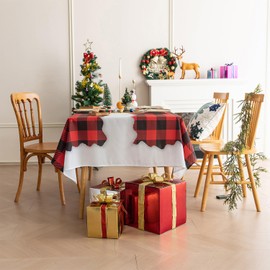 MACOFE Buffalo Plaid Christmas Tablecloth Rectangle 55x70 Inch, Red & Black Holiday Checkered Design with Festive Accents, Water-Resistant and Washable Fabric, Ideal for Party & Seasonal Decor
