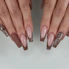 IMSOHOT Coffin Press on Nails Long Brown French Tips Fake Nails with Glitter Designs Glossy Full Cover Fall Glue on Nails Gel Acrylic Reusable False Nails for Women 24Pcs