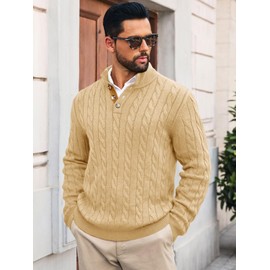 Runcati Mens Cable Knitted Pullover Sweater Casual Stand Collar Winter Warm Quarter Button Sweaters Light Khaki