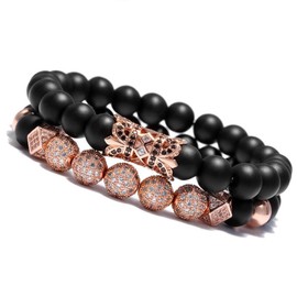 WFYOU 8mm Charm Beads Bracelet for Men Women Black Matte Onyx Natural Stone Beads, 7.5"V