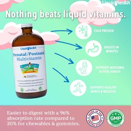 LIQUIDHEALTH LIQUIDHEALTH Prenatal/Postnatal Multiple Liquid Women's Multivitamin with Real Folate - Pre & Postnatal Vitamins for Before, During, After Pregnancy - Made in USA, Vegan, Sugar-Free, Non-GMO (32 oz)