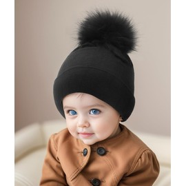 DANMY Baby Beanie Hat, Infant Toddler Warm Cotton Hat with Pom,Unisex Baby Soft Cotton Hats Caps Black
