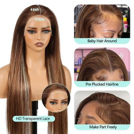 PYH Ombre Lace Front Wig Human Hair 13x4 Straight Lace Front Wigs Human Hair Pre Plucked with Baby Hair for Women 220% Density Highlight Frontal HD Lace Brown Wig #4/613 Colored 26 Inch