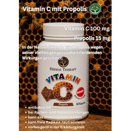 Vitamin C + Propolis, Against Fatigue and Sore Throat, Supports the Immune System, 60 Chewable Tablets, Vegan, No Unnecessary Additives HERBAL THERAPY