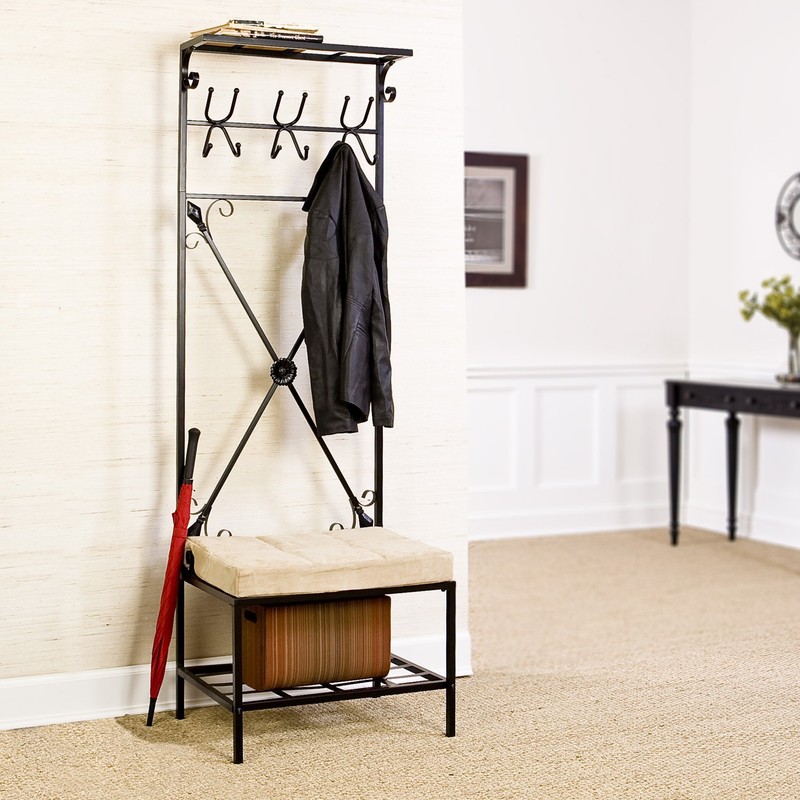 SEI Furniture Bench and Storage Rack, Black Textured Powder-Coat