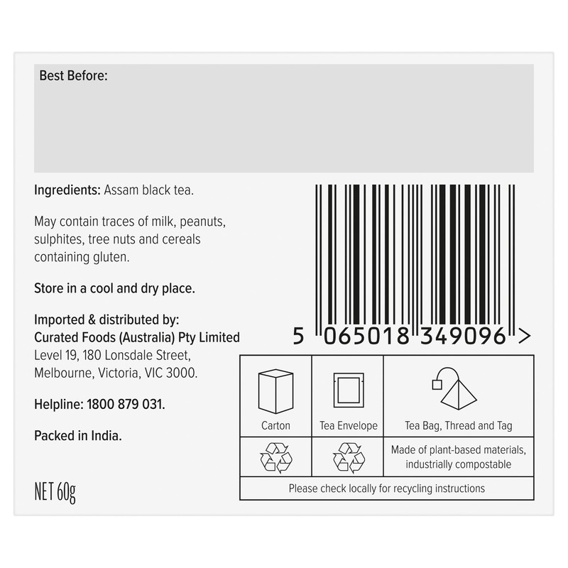 96° Assam Tea - 20 Pyramid Tea Bags, Individually Wrapped,