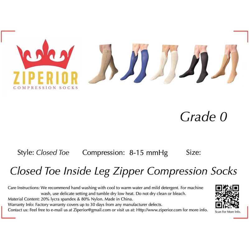 Ziperior 8-15 mmHg Compression Grade 0 Calf Inside Leg Zipper