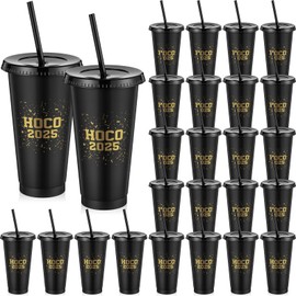 Honeydak 24 Sets 24 oz Hoco Plastic Cups with Lids and Straws Black Gold Hoco 2025 Drinking Cups Tumblers for Welcome Back to School Supplies