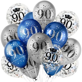 18Pcs Happy Birthday Balloons Decorations Navy Blue Silver 90th Birthday Balloons Decoration Happy 90th Birthday Confetti Latex Balloons Decorations for Men Women 90 Anniversary Birthday Party Décor