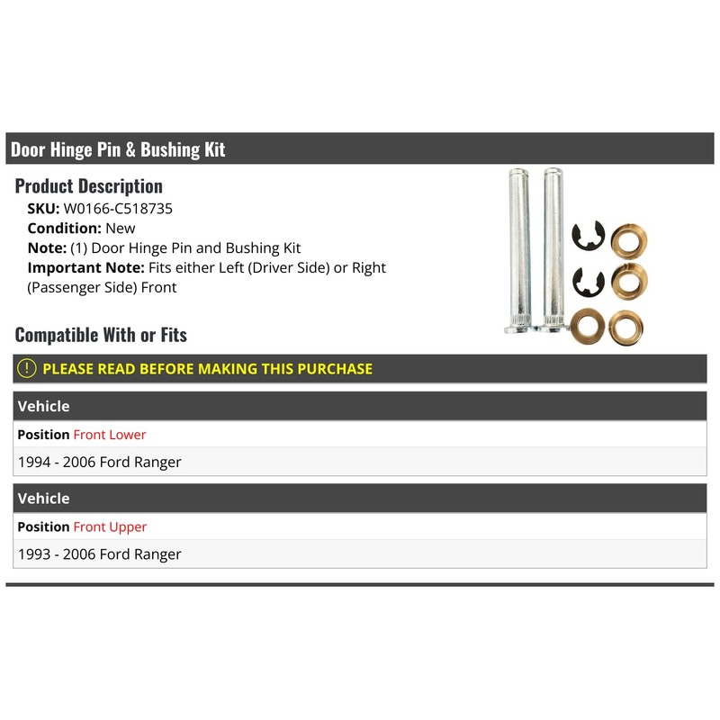 Front Door Hinge Pin and Bushing Kit - Compatible with