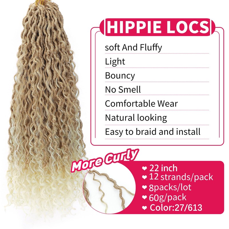 Goddess Locs Crochet Hair 22Inch 8Pack Faux Locs(27/613, 22inch(Pack of