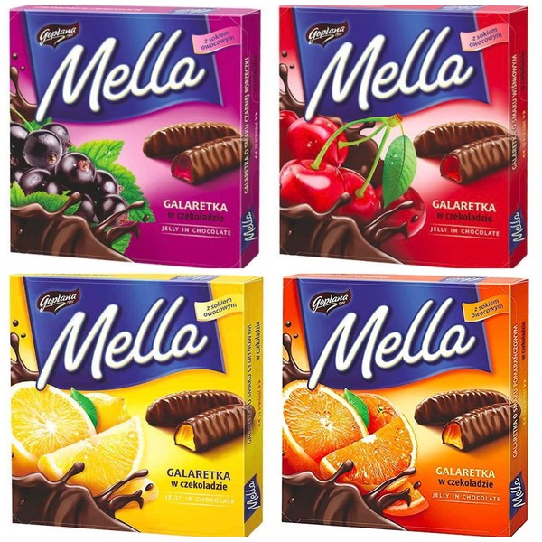 Jutrzenka MELLA Chocolate Coated Jelly Variety Pack of 4 x 6.7 oz. ORANGE, LEMON, CHERRY & BLACKCURRANT. Product of Poland.
