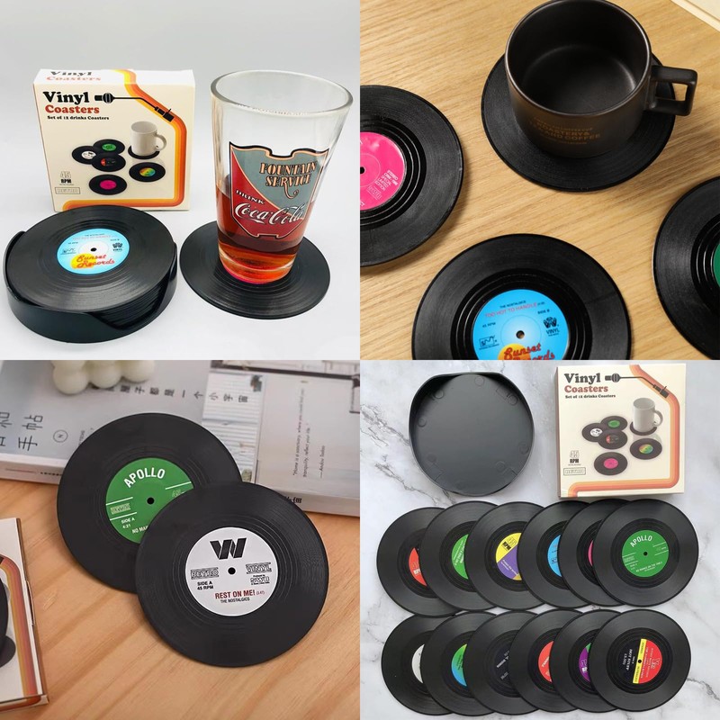BDSHUNBF Pack of 12 Vinyl Record Coasters, Coasters with Holder,