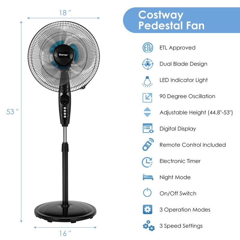 COSTWAY Pedestal Fan, 16-Inch Adjustable Height Fan, 3-Speed Digital Control,