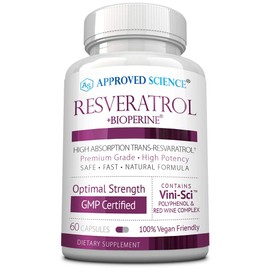Approved Science® Resveratrol - 1000 mg of Trans Resveratrol - 250 mg of Polyphenol - 98% Purity Level - Includes Bioperine® - 60 Vegan Friendly Capsules - 1 Bottle