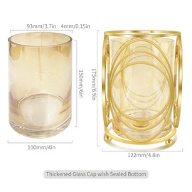 YIUTOYILY Gold Hurricane Candle Holder with Metal Frame, Windproof Thickened Glass Lid & Geometric Cutouts for Weddings, Parties, Home Decor