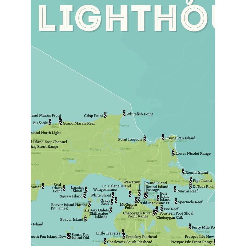 Best Maps Ever Michigan Lighthouses Checklist 18x24 Poster (Green &