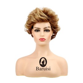 Baruisi Short Brown Pixie Wigs for Women Natural Looking Layered Curly Fluffy Synthetic Hair Wig with Bangs
