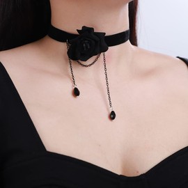 Xerling Black Rose Flower Choker Necklace Black Lace Ribbon Choker Vintage Victorian Costume Necklaces for Wedding Crystal Beads Pendant Necklaces for Women (Type A Black)