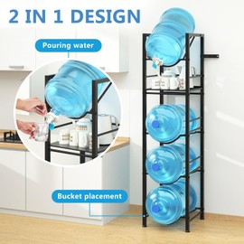Eocnrhe 2-In-1 5 Gallon Water Jug Holder, 5 Tier Water Jug Stand Holder with 1 Dispenser Valves, 5 Gal Water Bottle Storage Rack Organizer for Kitchen, Office, Garage