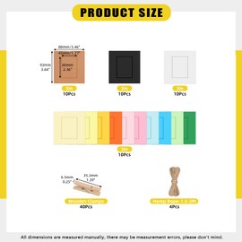 Mardatt 40 Set 3" Paper Picture Frames, Includes Colorful Cardboard Photo Frames with Wooden Clips, Strings for Home Decor