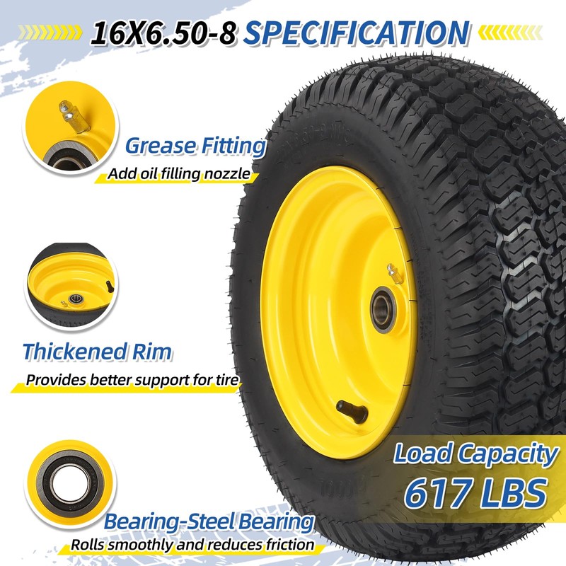 GICOOL 16x6.50-8 Tubeless Tire and Wheel, 16x6.5-8 Lawn Mower Tires,