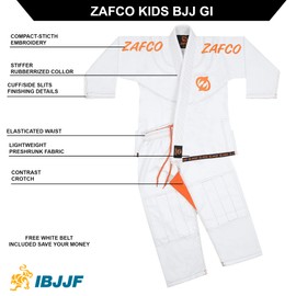 Zafco Sports Brazilian Jiu Jitsu, Kids Jiu Jitsu Gi Children BJJ Gi Grappling Kimonos Lightweight White Belt (White, K00)