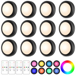 Yiliaw 12 Pack LED Puck Lights Remote Control 16 Color Changeable Under Cabinet Lights, Battery Operated Lights Night Light with Dimmer & Timmer for Closet Bedroom Kitchen, Black