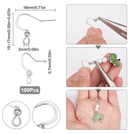 SUNNYCLUE 1 Box 100Pcs 304 Stainless Steel Earring Hooks Fish Hook Earring Wires Silver Earring Findings Ball Dot Earwires French Ear Hooks for jewellery Making Women Adults DIY Dangle Earrings Crafts