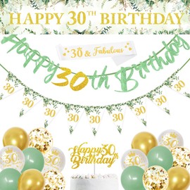 30th Birthday Decorations,Sage Green 30th Birthday Party Decorations Include Happy 30th Birthday Banner,Triangle Flag and Confetti Balloons for Party Birthday Decorations