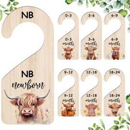 RattanView 7 Pcs Highland Cow Baby Closet Dividers Double Sided Wooden Nursery Closet Dividers for Baby Boy Girl Newborn to 24 Months Home Nursery Supplies